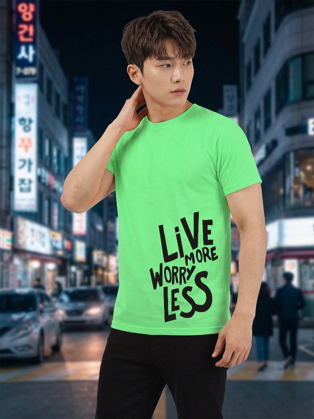 Greylongg Round Neck Live More Worry Less Design T-shirts
