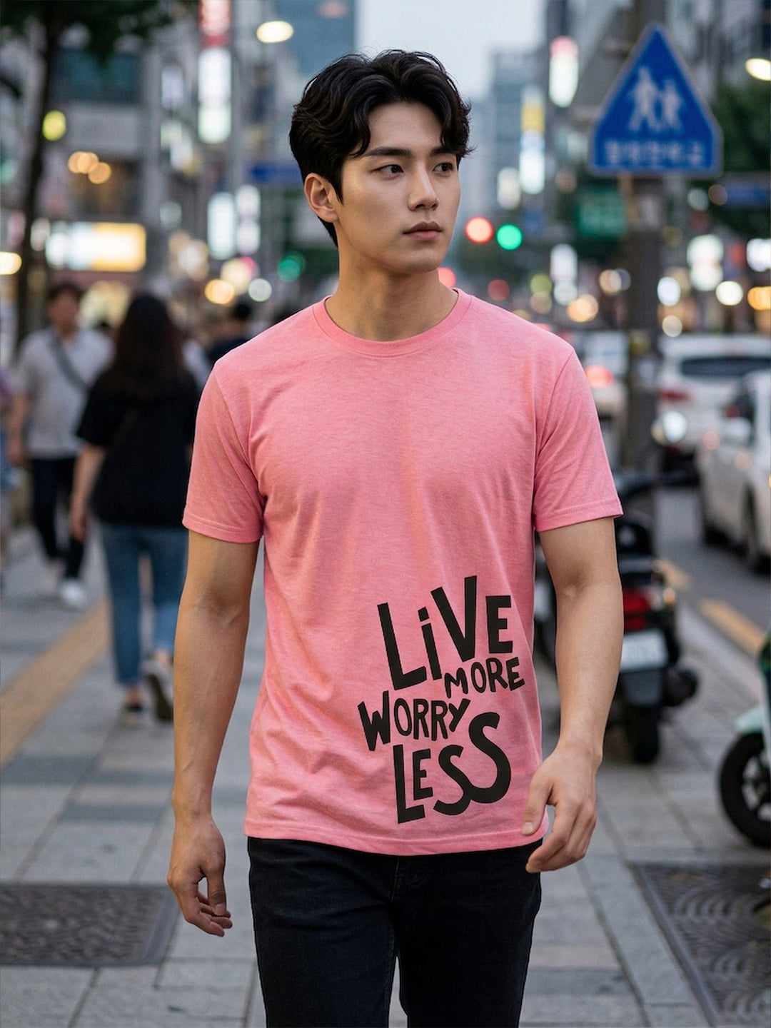 Greylongg Round Neck Live More Worry Less Design T-shirts