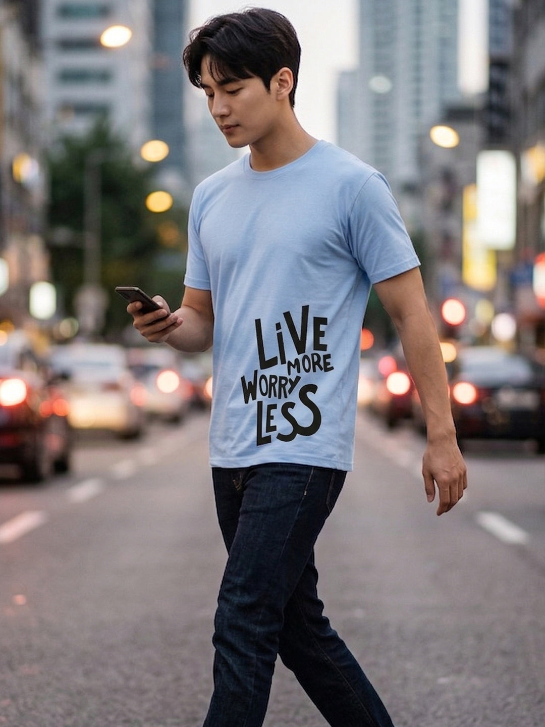 Greylongg Round Neck Live More Worry Less Design T-shirts