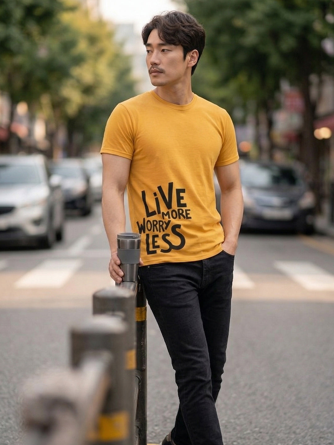 Greylongg Round Neck Live More Worry Less Design T-shirts