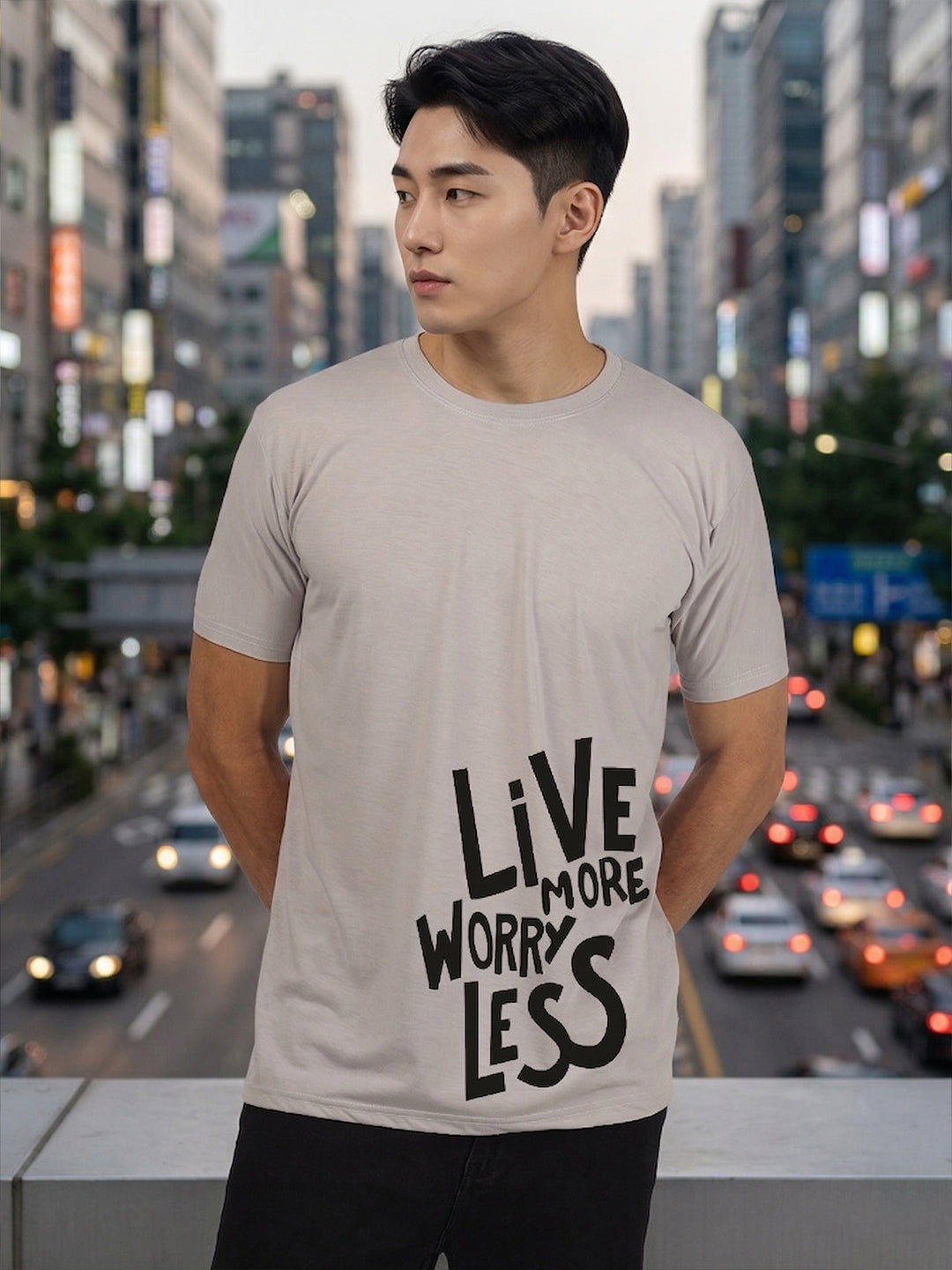 Greylongg Round Neck Live More Worry Less Design T-shirts