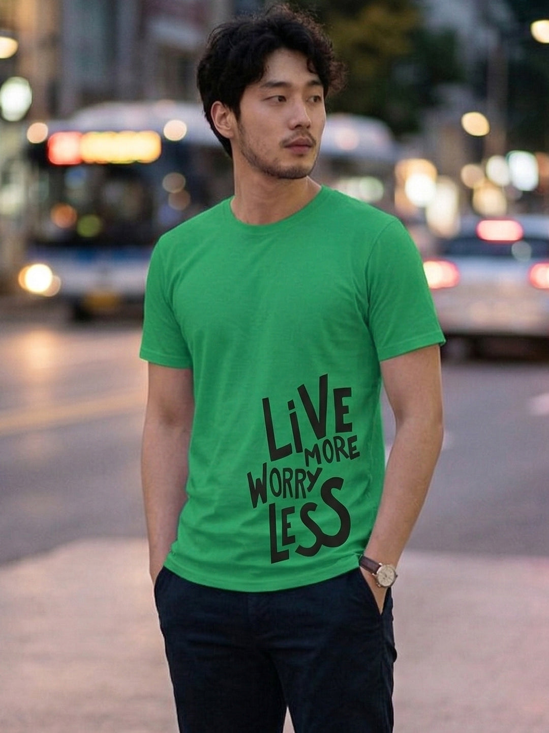 Greylongg Round Neck Live More Worry Less Design T-shirts