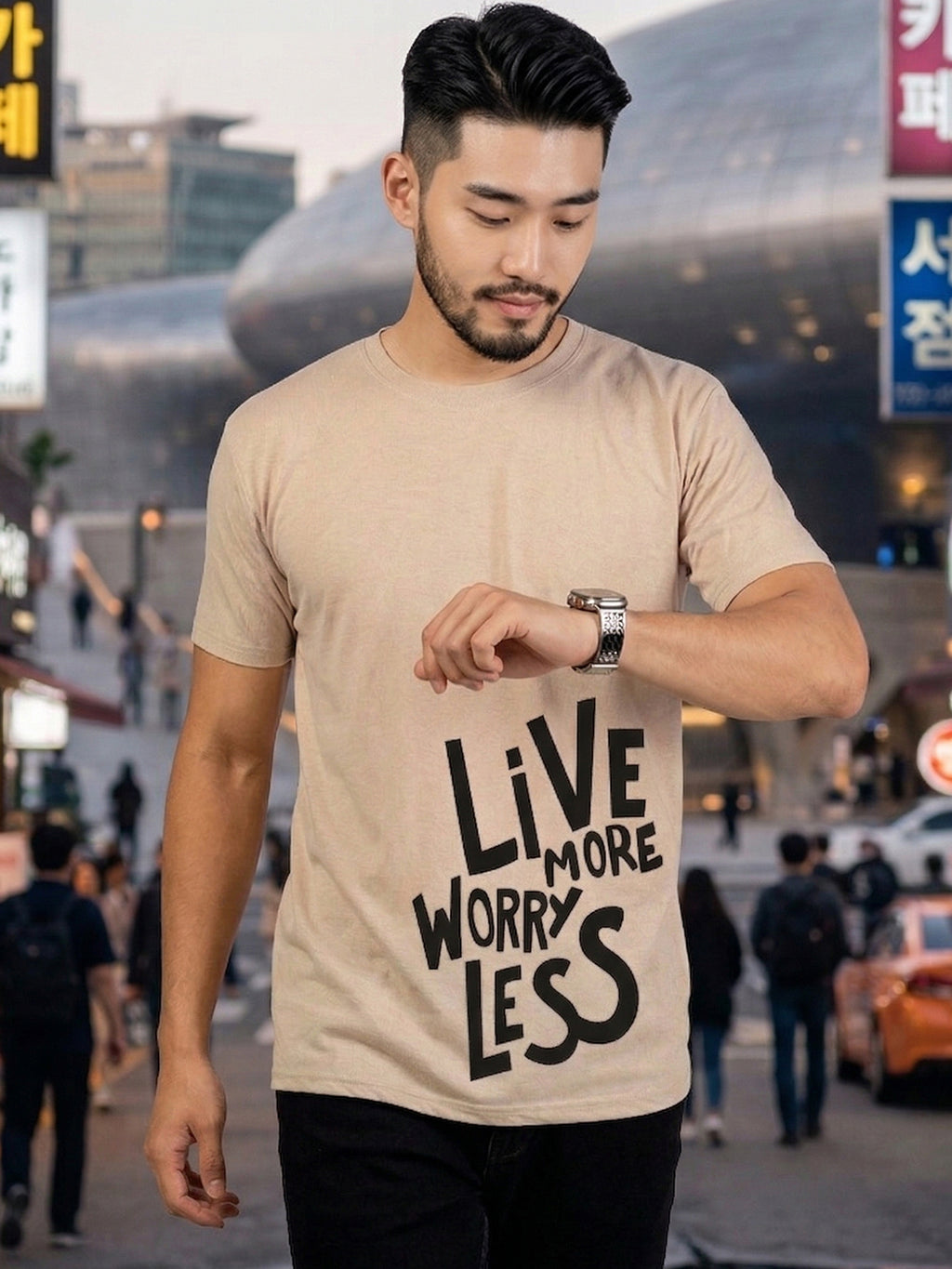 Greylongg Round Neck Live More Worry Less Design T-shirts