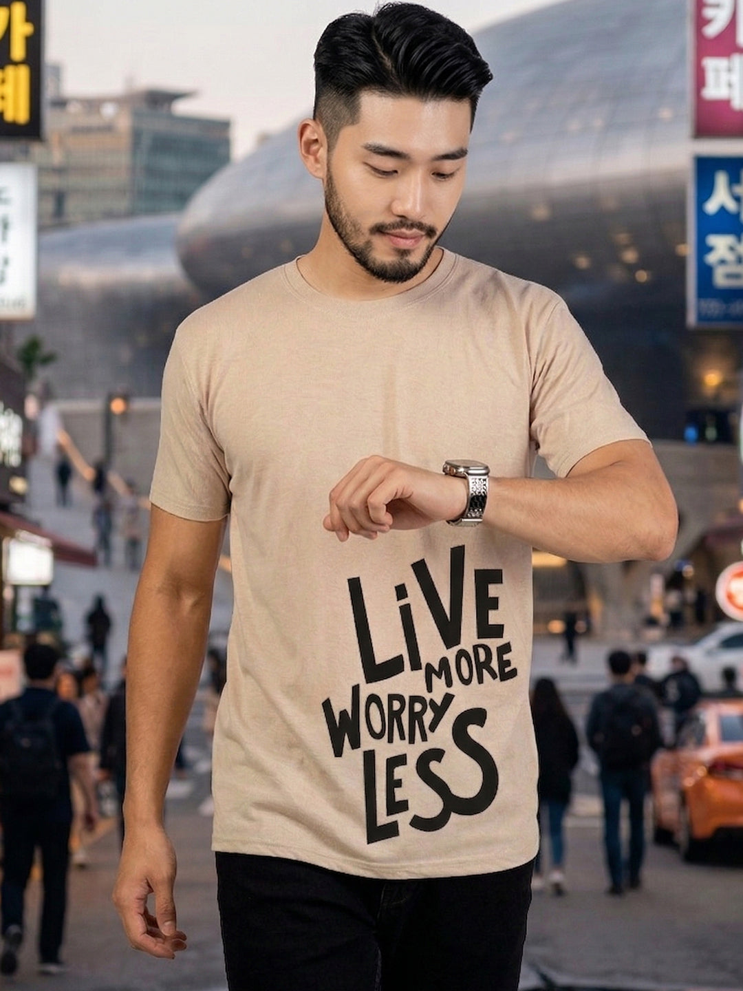 Greylongg Round Neck Live More Worry Less Design T-shirts