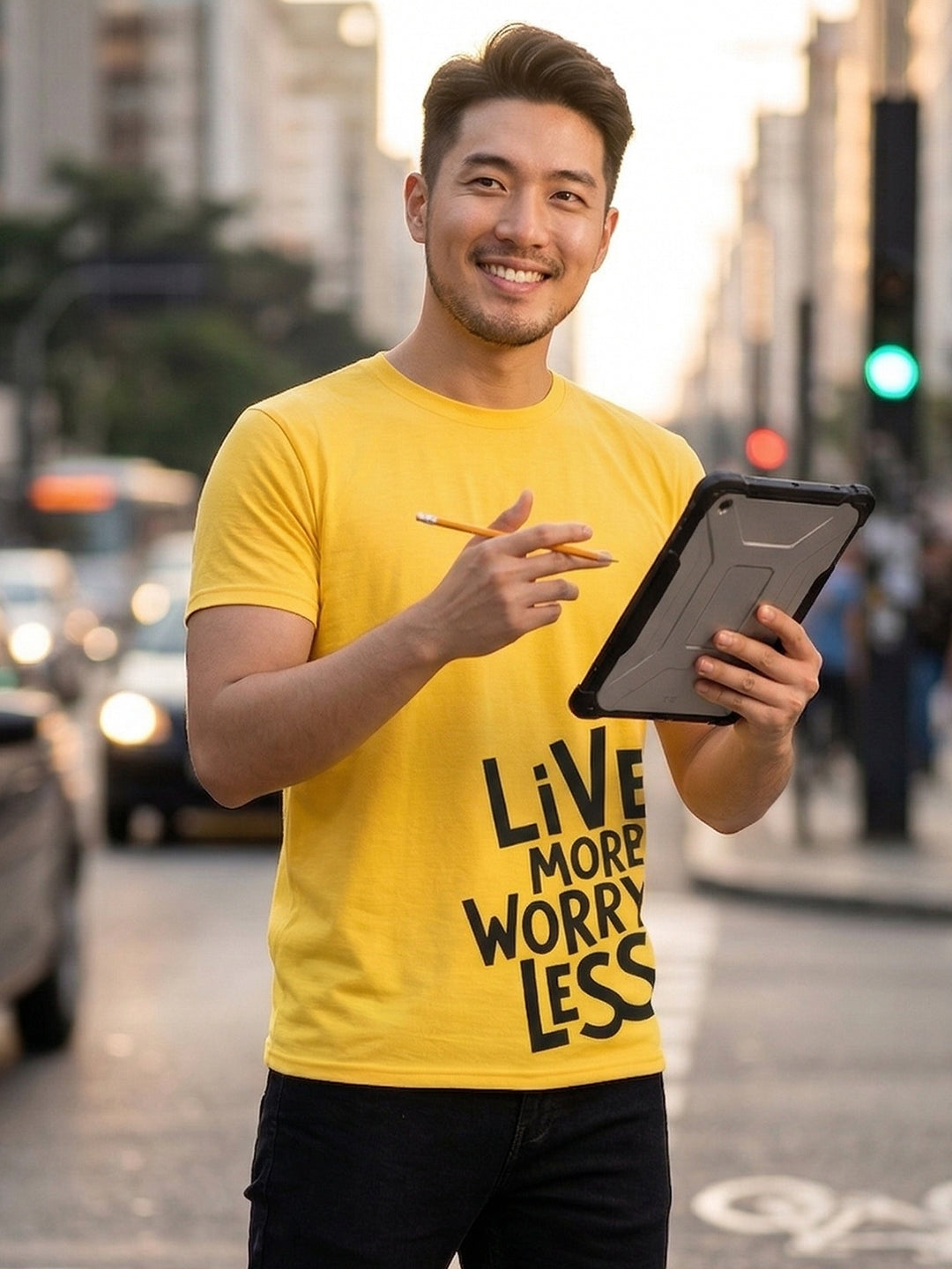Greylongg Round Neck Live More Worry Less Design T-shirts