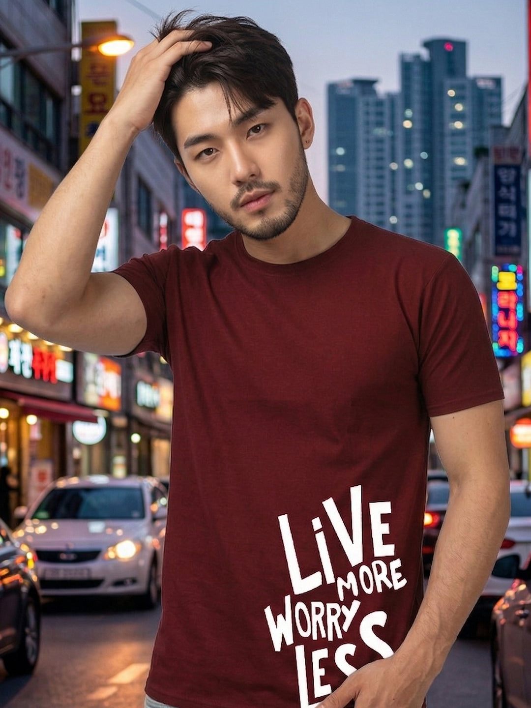 Greylongg Round Neck Live More Worry Less Design T-shirts