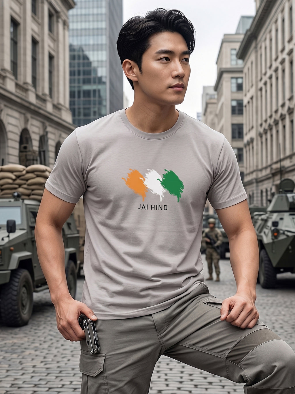Greylongg Round Neck Jai Hind printed T-Shirts.