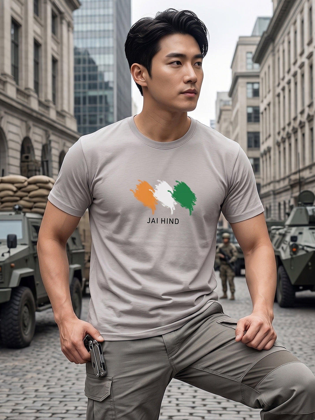 Greylongg Round Neck Jai Hind printed T-Shirts.