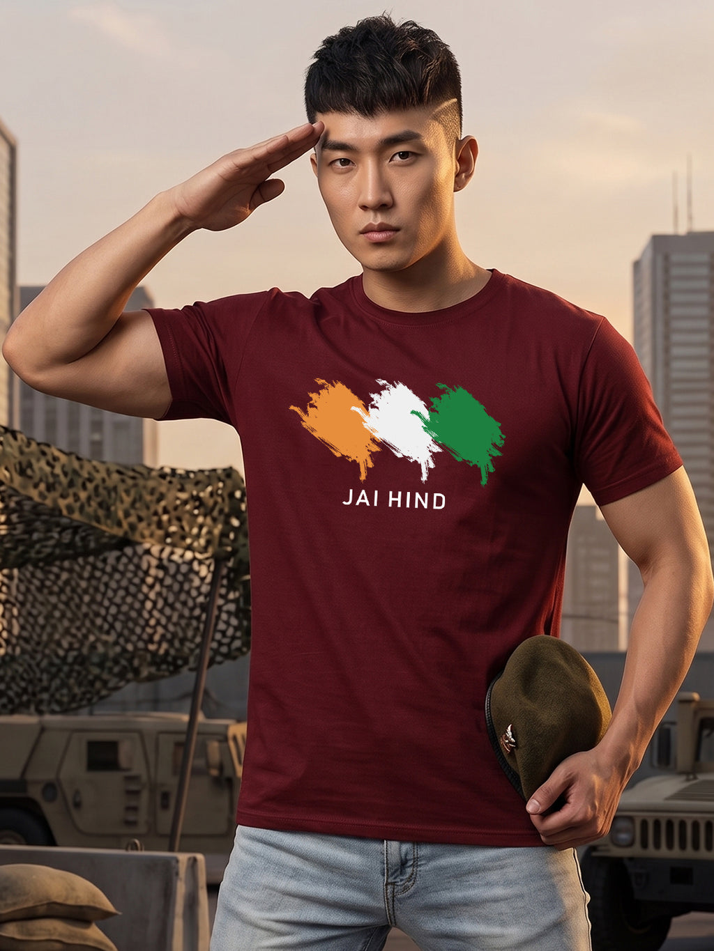 Greylongg Round Neck Jai Hind printed T-Shirts.