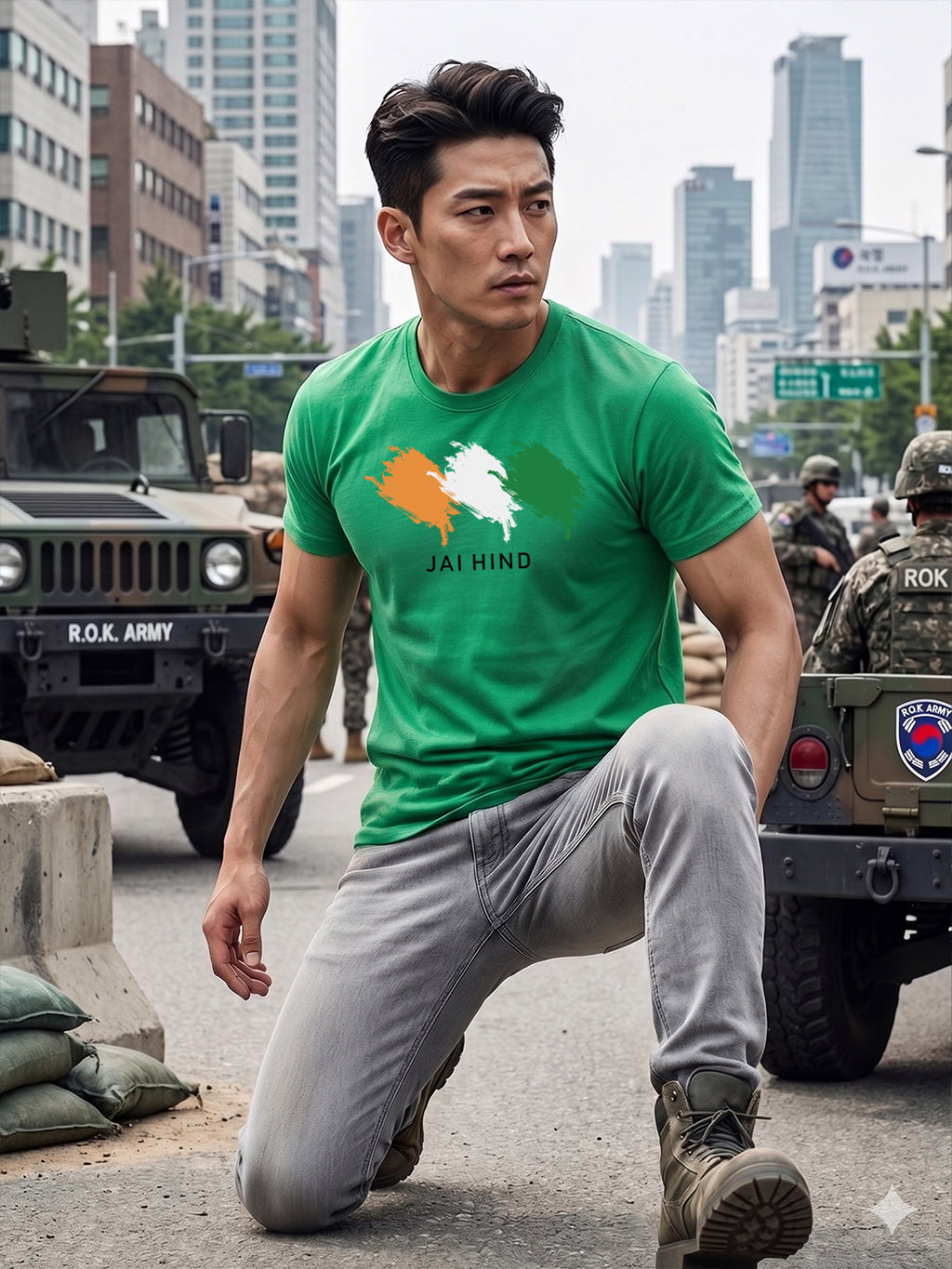 Greylongg Round Neck Jai Hind printed T-Shirts.
