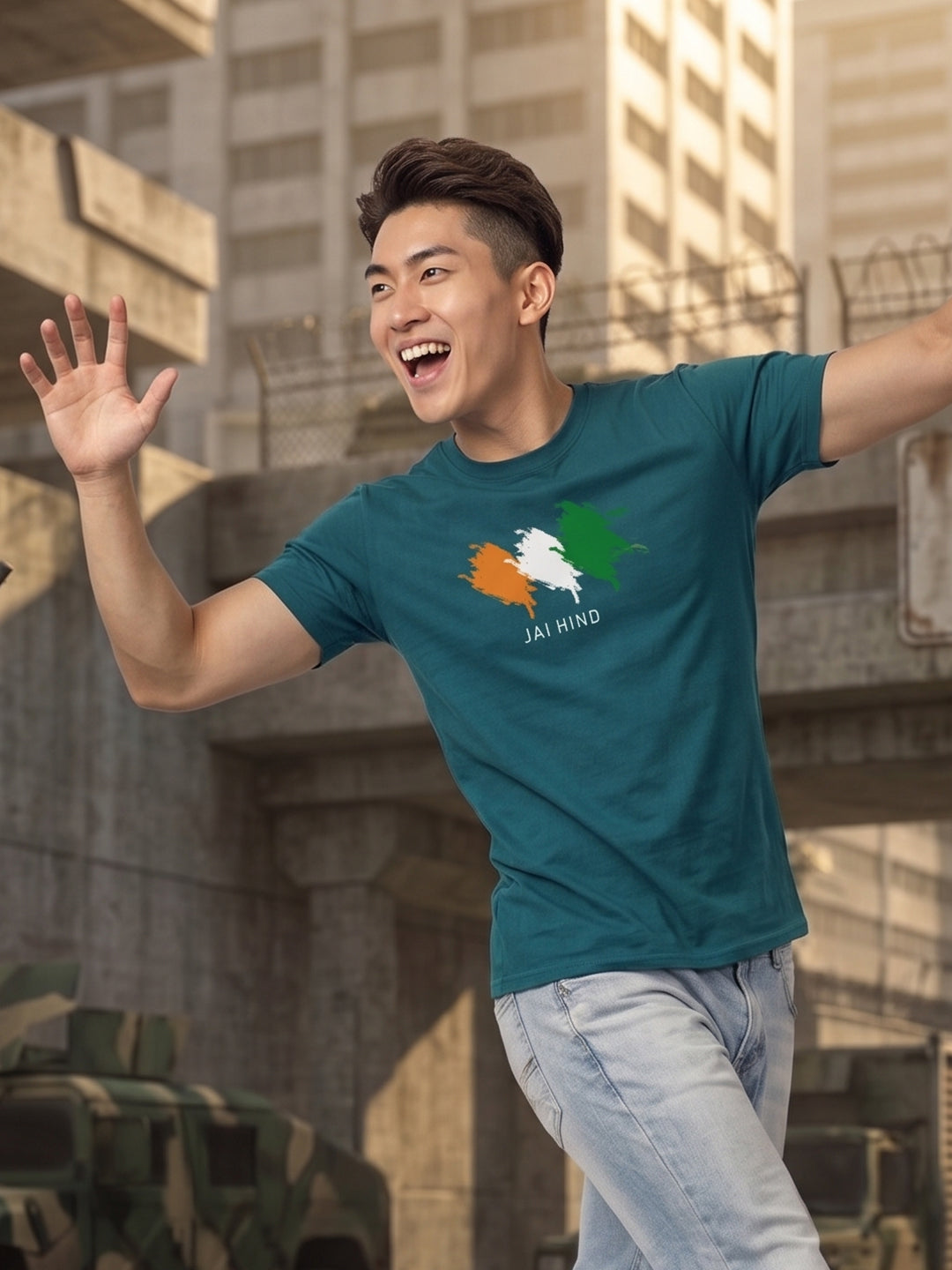 Greylongg Round Neck Jai Hind printed T-Shirts.