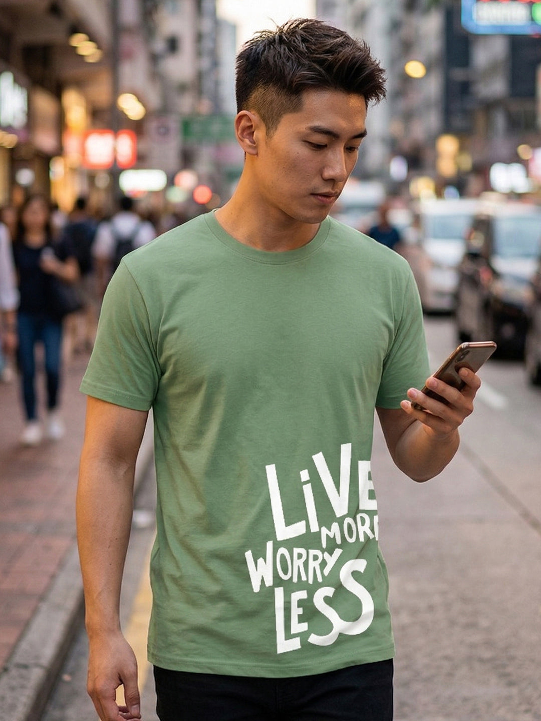 Greylongg Round Neck Live More Worry Less Design T-shirts