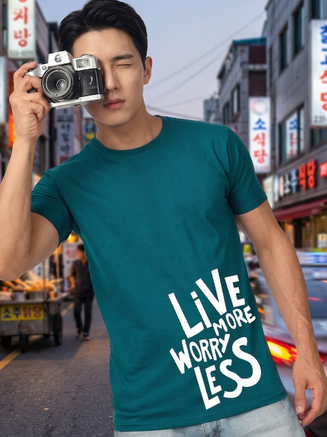 Greylongg Round Neck Live More Worry Less Design T-shirts