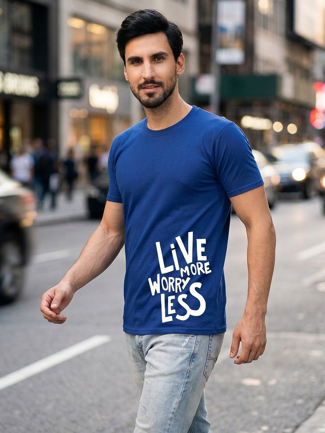 Greylongg Round Neck Live More Worry Less Design T-shirts