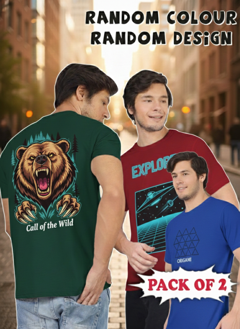 Greylongg Rendom Color and Random Design Pack of 2 Round Neck Tees.
