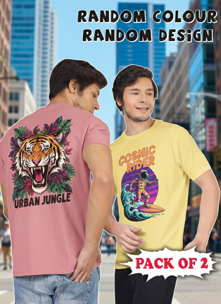 Greylongg Rendom Color and Random Design Pack of 2 Round Neck Tees.